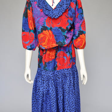 vintage 1980s Diane Susan Freis red blue floral polka dot skirt & blouse dress M/L 