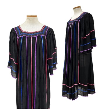 Vtg 70s Ultra Light Weight Rare Black Indian Gauze Ribbon Accent Tunic Dress 