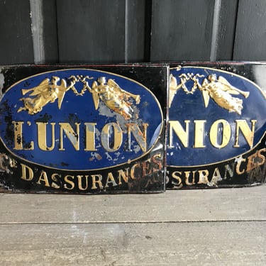 French Metal Sign, Insurance Plaques, Gold Blue Chippy Finish, Wall Garden Decor, Pair, Set of 2 