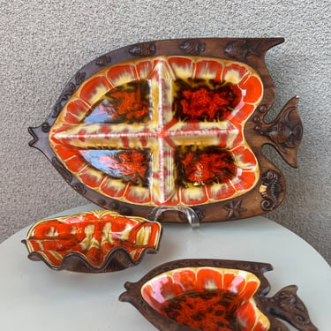 Vintage Tiki set 3 ceramic party fish platter, shell bowl & fish bowl by Treasure Crafts USA 