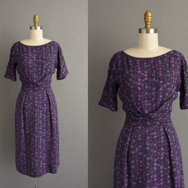 vintage 1950s dress |  L'AIGLON Purple Floral Print Cotton Wiggle Dress | Small | 50s dress 