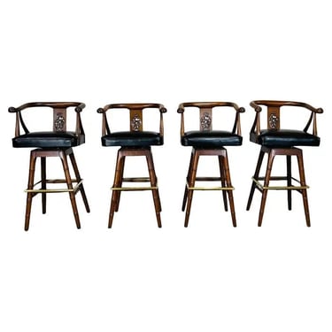 Set of Four Faux Bamboo Mahogany Chinoiserie Asian Style Mid-Century Bar Stools 