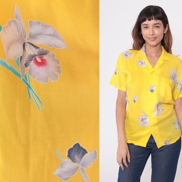 Tropical Floral Blouse 90s Yellow Rayon Button Up Shirt Orchid Print Top Summer Short Sleeve Hawaiian Botanical Surfer Vintage 1990s Small 