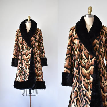 1970s faux fur coat, animal print fur collar swing coat, leopard print, princess coat, bohemian womens coat 