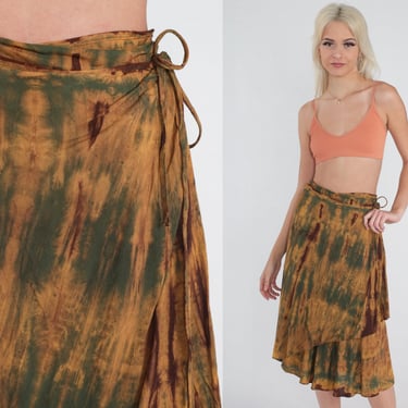 Tie Dye Wrap Skirt Y2k Midi Skirt Earth Tone Summer Hippie High Waist Bohemian Festival Groovy Brown Green Vintage 00s Small Medium Large XL 