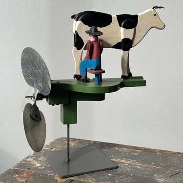 Vintage Carved + Painted Wood Farmer Milking a Cow Whirligig, Circa 1950s