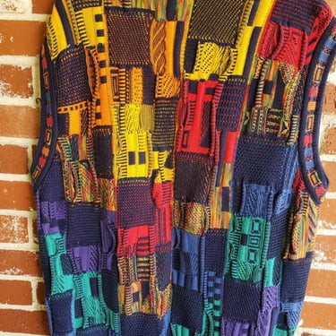 Vintage 90s Tundra Sweater Vest Crazy Color 3D Canadian Made  L Coogi Style 