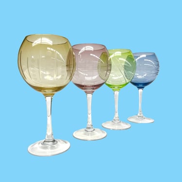 Vintage Wine Glass Set Retro 1980s Mikasa + Cheers + Balloon + Contemporary + Set of 4 + Etched Glass + Kitchen and Bar Decor 