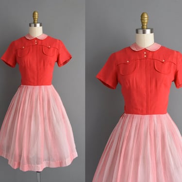 1950s vintage dress | Adorable Red Stripe Cotton Shirtwaist Dress | XS Small | 50s dress 