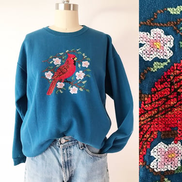 Vintage Cross Stitch Red Bird Sweatshirt / 80s Bird Shirt Hanes / Vintage Unique Custom Embroidered Cardinal Sweatshirt 