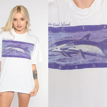 Glitter Dolphin Shirt 90s Hilton Head Island T-Shirt Purple Marine Animal Graphic South Carolina Single Stitch Vintage 1990s Medium Large 