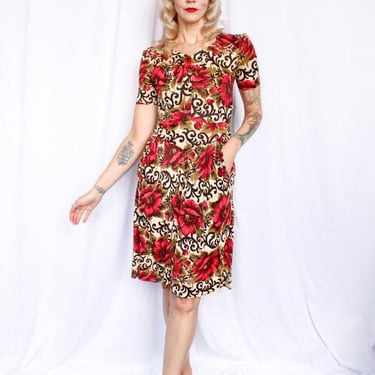 1930s Poppy Floral Jersey Dress - Small 