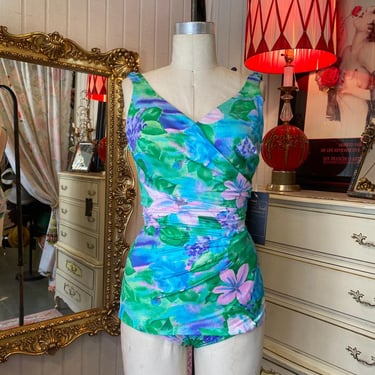 vintage 1960s swimsuit 60s bathing suit one piece aqua tropical floral ruched m 