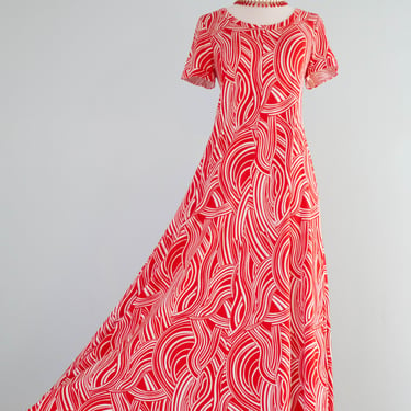 Iconic 1970's Cherry Red Diane Von Furstenberg Made in Italy Abstract Cotton Jersey Maxi Dress / ML