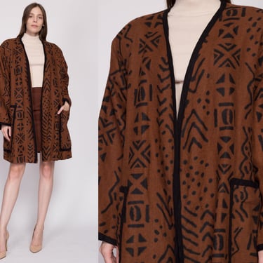 XXL| 80s Boho Brown Linen Open Fit Jacket - One Size | Vintage Fixsun Tribal Print Lightweight Coat 