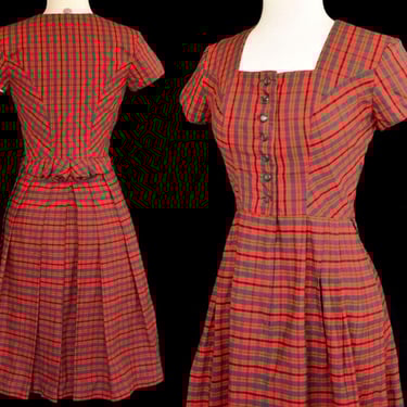 Vintage 60s Dirndl Dress, Red and Green Plaid Cotton, Z Vom Tegernesee Bavaria Germany Trachen Dress, Size XXS to XS, 2XS 