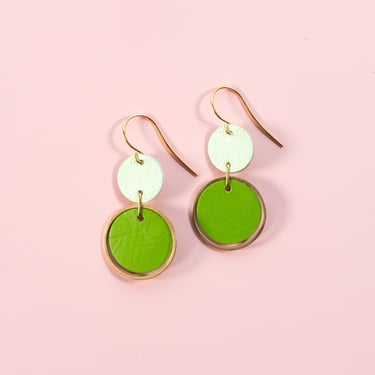 Olive + Mint Green Orbit Leather Earrings - Colourful Retro Statement Earrings 