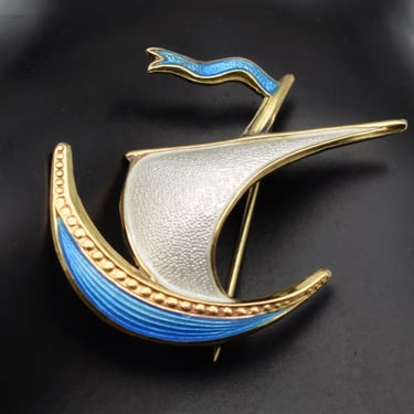 50's Ivar T Holth guilloche sterling vermeil Viking ship brooch, Norway 925 silver enamel sailboat pin 