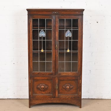 Antique Mission Oak Arts & Crafts Bookcase With Stained Leaded Glass Doors, Circa 1900