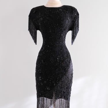 Vintage 1980's Black Fully Beaded Fringe Party Dress by Black Tie / M