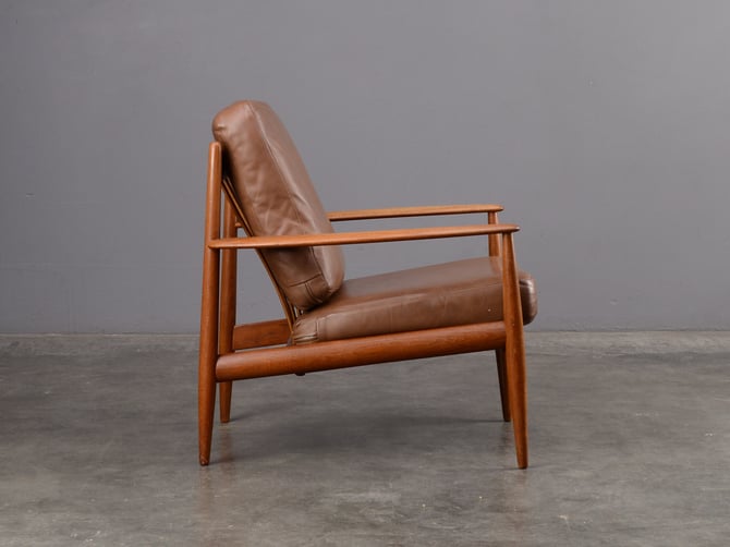 Grete Jalk Danish Modern Lounge Chair Teak and Brown Leather 