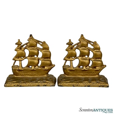 Antique Traditional Cast Iron Gold Gilded Galleon Boat Ship Bookends – A Pair