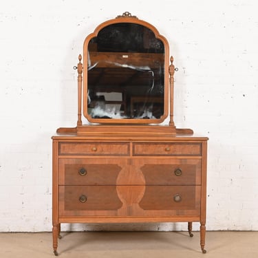 Phoenix Furniture Antique French Regency Louis XVI Burled Walnut Vanity Dresser With Mirror, Circa 1900