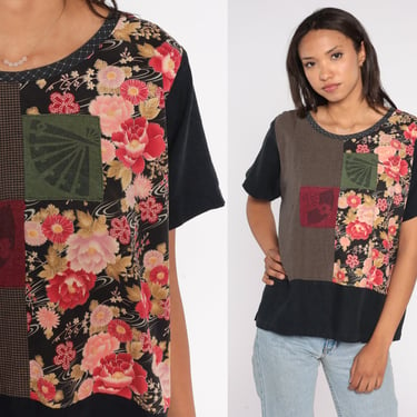 Black Floral Blouse 90s Asian Inspired Fan Shirt Patchwork Short Sleeve Top Boho 1990s Vintage Bohemian Large L 