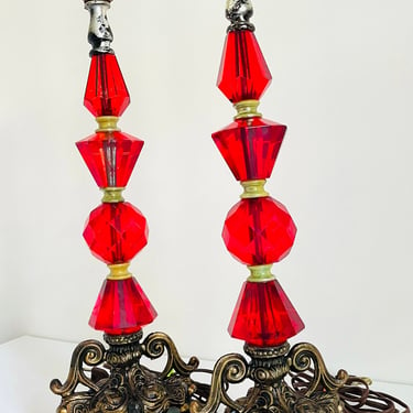 Vintage 1960s MID Century Modern Ruby Red Acrylic Jewel Prism Marble Base Ornate Cast Iron Pair of Table Lamps (no shades, lamp bases only) 