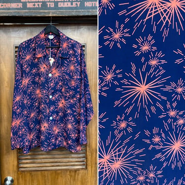 Vintage 1940’s Size XL Atomic Fireworks Pattern Silky Rayon Pajama PJ Top Rockabilly Shirt, 40’s Vintage Clothing 