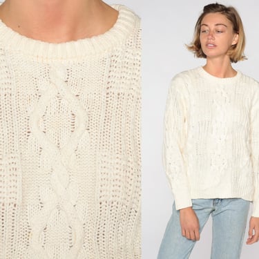 Cable Knit Sweater 80s Textured Cream Sweater Knit Hipster Boho Pullover Cableknit 1980s Jumper Vintage Slouchy Medium 