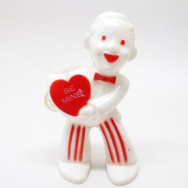 Vintage 1950's Valentine Candy Container, Boy Holding Valentine, BE MINE, Antique Rosbro Plastic 