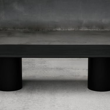 UMBRA- Solid Wood Black Pill Shaped Dining Table With 2 Fluted Pedestal Bases 