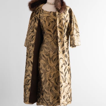 Glamorous 1960's Metallic Gold Brocade Cocktail Dress & Matching Coat -Florence Sisman Collection / Medium