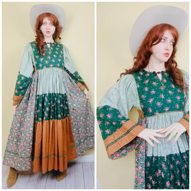 1970s Vintage Green Floral Cotton Patchwork Dress / 70s Bohemian Calico Flared Sleeve Empire Waist Caftan / Medium - Large 