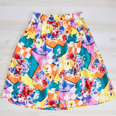Vintage 80s Floral Skirt, 1980s Colorful Skirt, Bright Flower Print, High Waisted, A Line, Button 