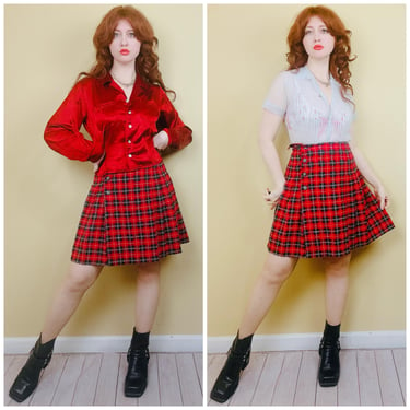 1990s Vintage Worthington Red Plaid Mini Skirt / 90s Poly / Rayon High Waisted Pleated Skirt / Size Medium - Large 