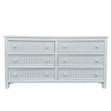Henry Link Wicker Dresser with 6 Drawers 58” Long - Vintage White Wrapped Rattan Coastal Boho Chic Furniture 