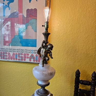 HOLLYWOOD REGENCY Brass Cherub Lamp, Brass Angel and Glass Lamp, 60s Cherub Lamp, Vintage Angel Brass Lamp, Mid Century Cherub Lamp, Angels 