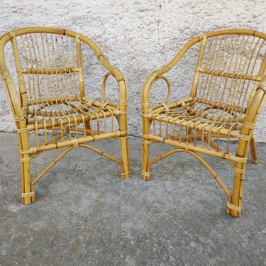 Vintage Pair of Rattan Chairs/ Wicker Chairs/ Boho Style / Pair of Bamboo Chairs/ Patio Furniture / 80s/ Vintage Furniture / Rattan Armchair 