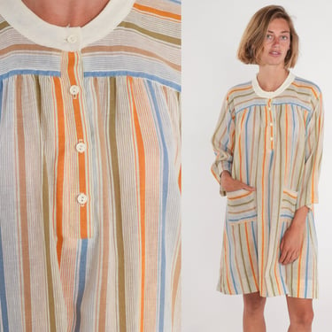 Striped Shirtdress 70s Mini Dress Half Button up Day Dress Long Sleeve Pockets Loose Tent Relaxed Orange Green Blue Vintage 1970s Large L 