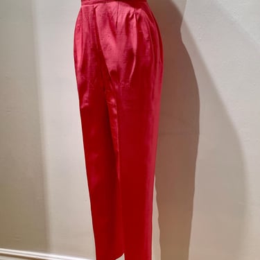 1960's Capri Pants - High Waisted Cigarette Pants - Tapered Leg - Hot Pink Silk - Fully Cotton Lined - Metal Back Zipper - 25-1/2 Inch Waist 