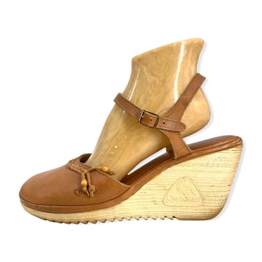 70s shoes sz 10, Vintage 1970s CHEROKEE platform wedges, 70s wedge sandals brown leather 
