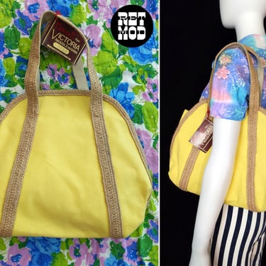 DEADSTOCK Large Vintage 70s 80s Pastel Yellow & Burlap Canvas Purse Bag 