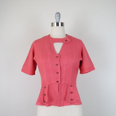 Vintage 1940s blouse, top, peplum, keyhole neckline, size medium 