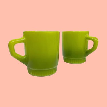 Vintage Anchor Hocking Fire King Mugs Retro 1960s Mid Century Modern + Glass + Lime Green Ombre + Set of 2 + MCM Kitchen + Coffee Drinking 