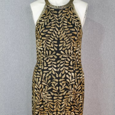 1980s 1990s - Black Tie for Neiman Marcus - Black and Gold Beaded Cocktail Dress - Halter Dress - Evening Dress - Formal Dress 