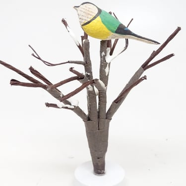 Vintage Wooden German Bird in Twig Tree for Nativity or Putz for Christmas, Hand Made Hand Painted 