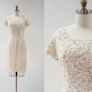 white lace dress | 50s 60s vintage ivory cream tape lace wedding bridal short fitted pencil wiggle dress 