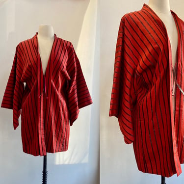 Vintage HAORI KIMONO Robe / Red Silk + Black Metallic Stripe / Brushstroke Pattern Silk Lining  / Special Occasion 
